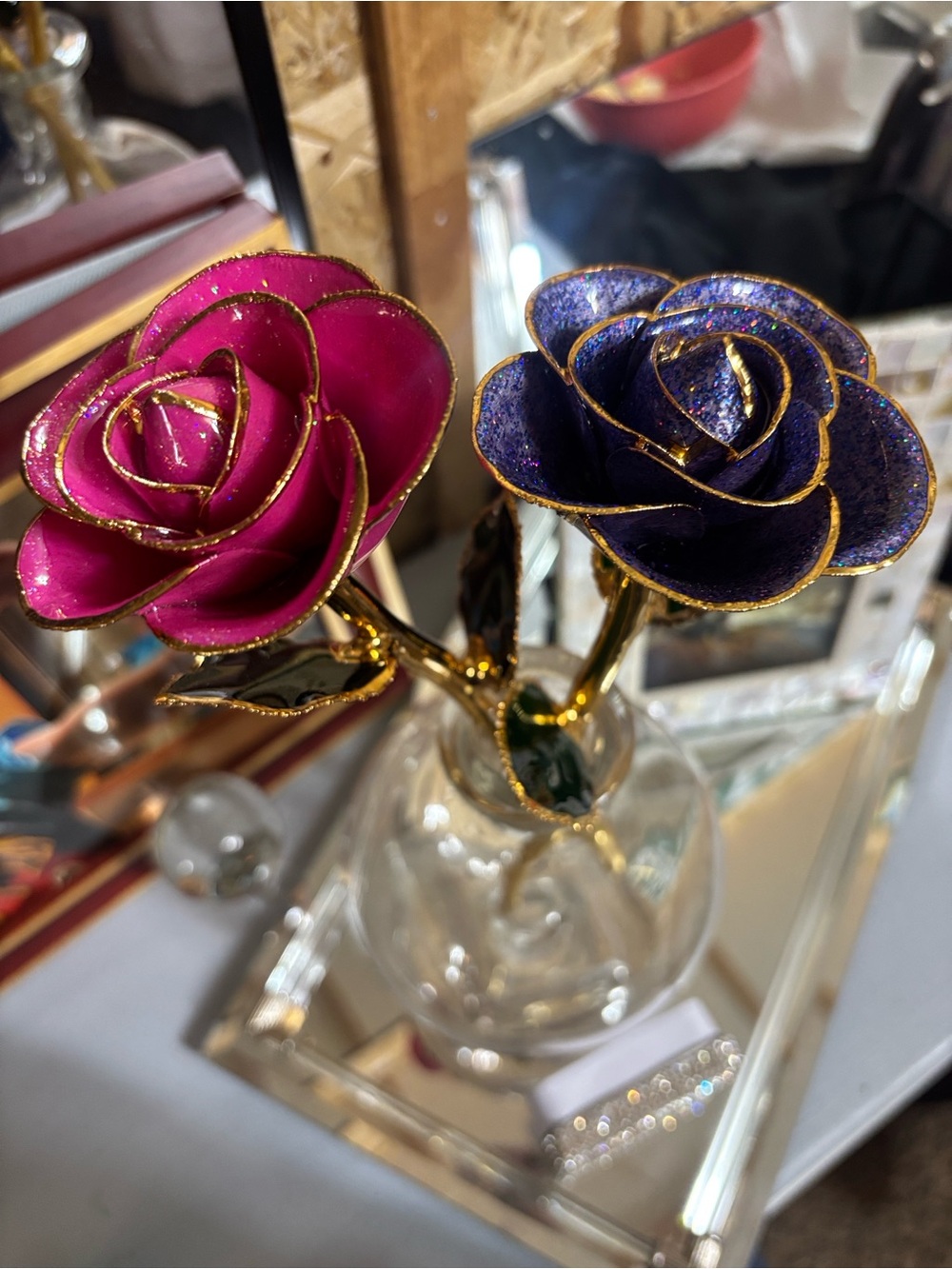 Decorative Pink & Purple Gold-Trimmed Rose Stems